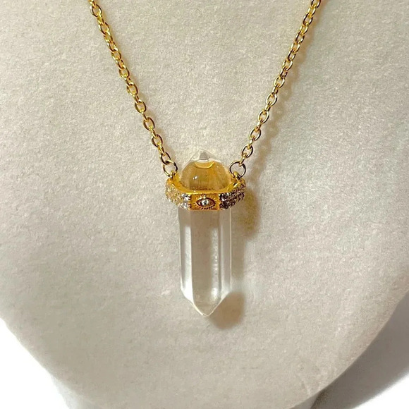 NIALAYA Clear Quartz Crystal Necklace Engraved Evil Eye Gold Plated L 18”+ 2” - Picture 7 of 9